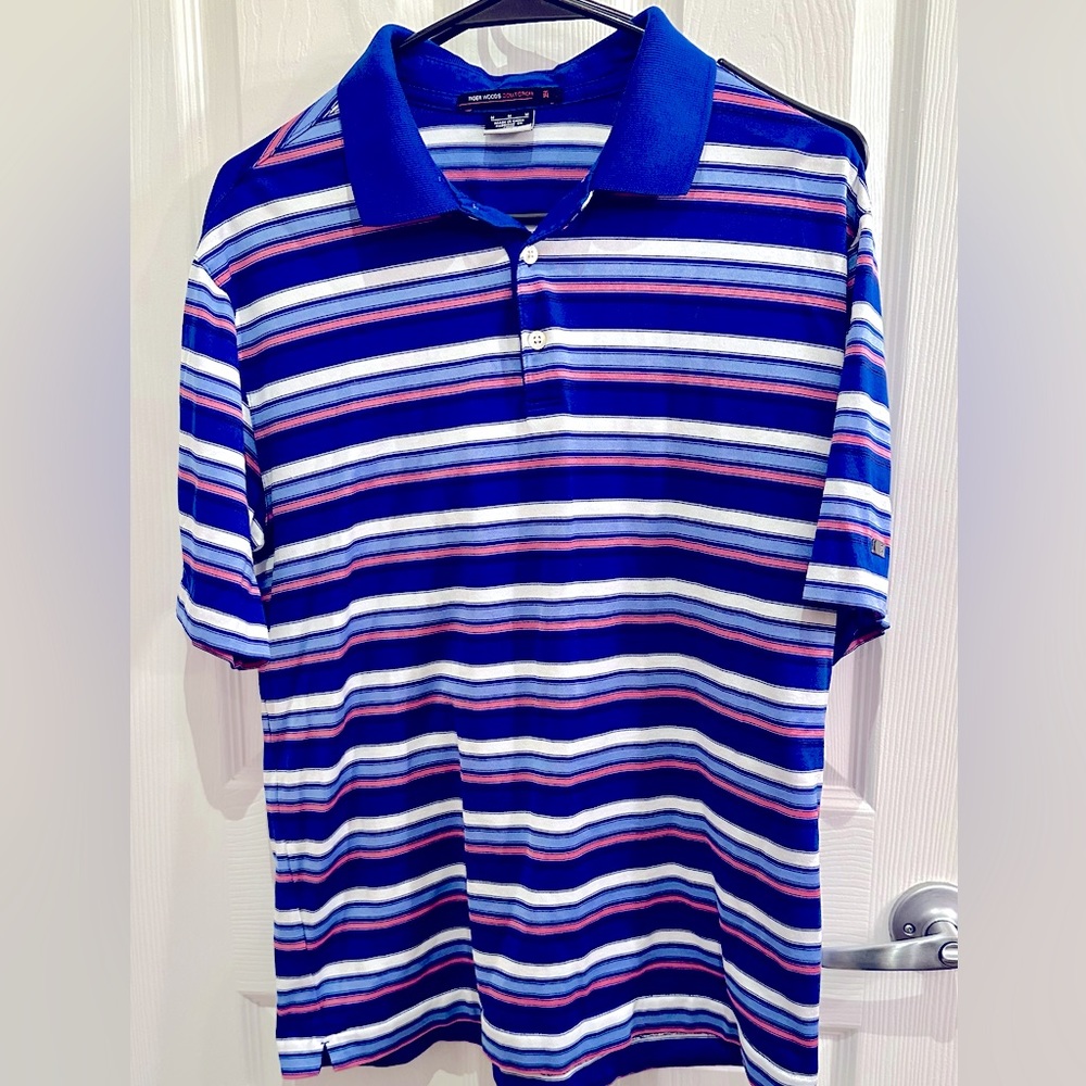 Tiger Woods Collection Golf Polo size M Blue/white/pink striped